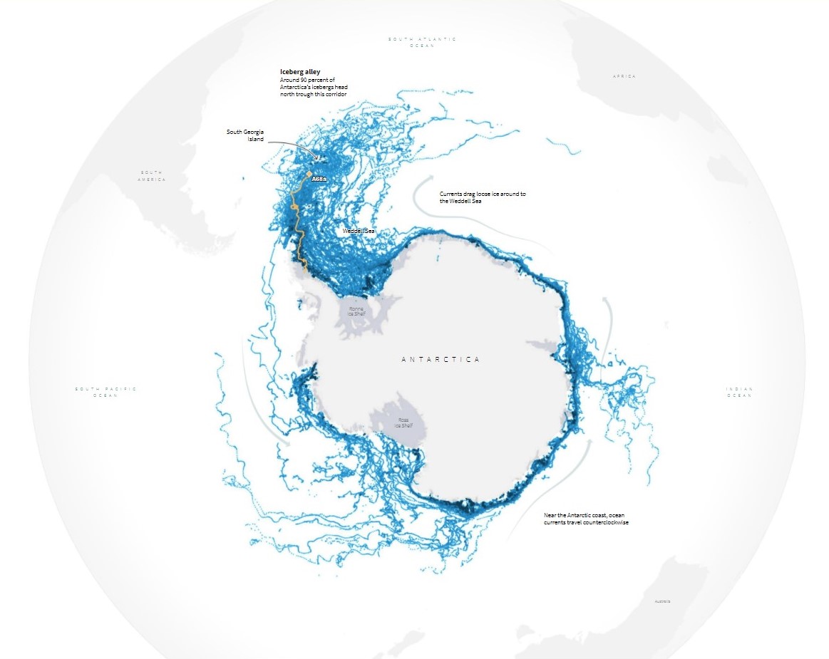 Imagen del movimiento de los cuerpos de hielo desprendidos de la antártida
